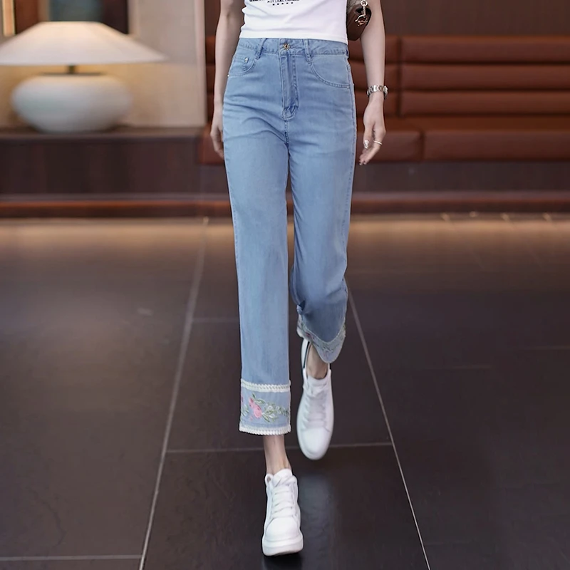 天丝牛仔烟管裤女2025年夏季新款高腰国风薄款冰丝九分刺绣直筒裤