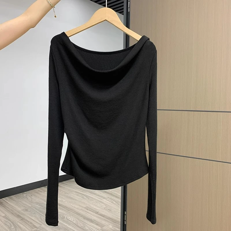 荡领露肩长袖t恤女秋季绝美气质打底衫显瘦内搭甜辣一字肩上衣ins