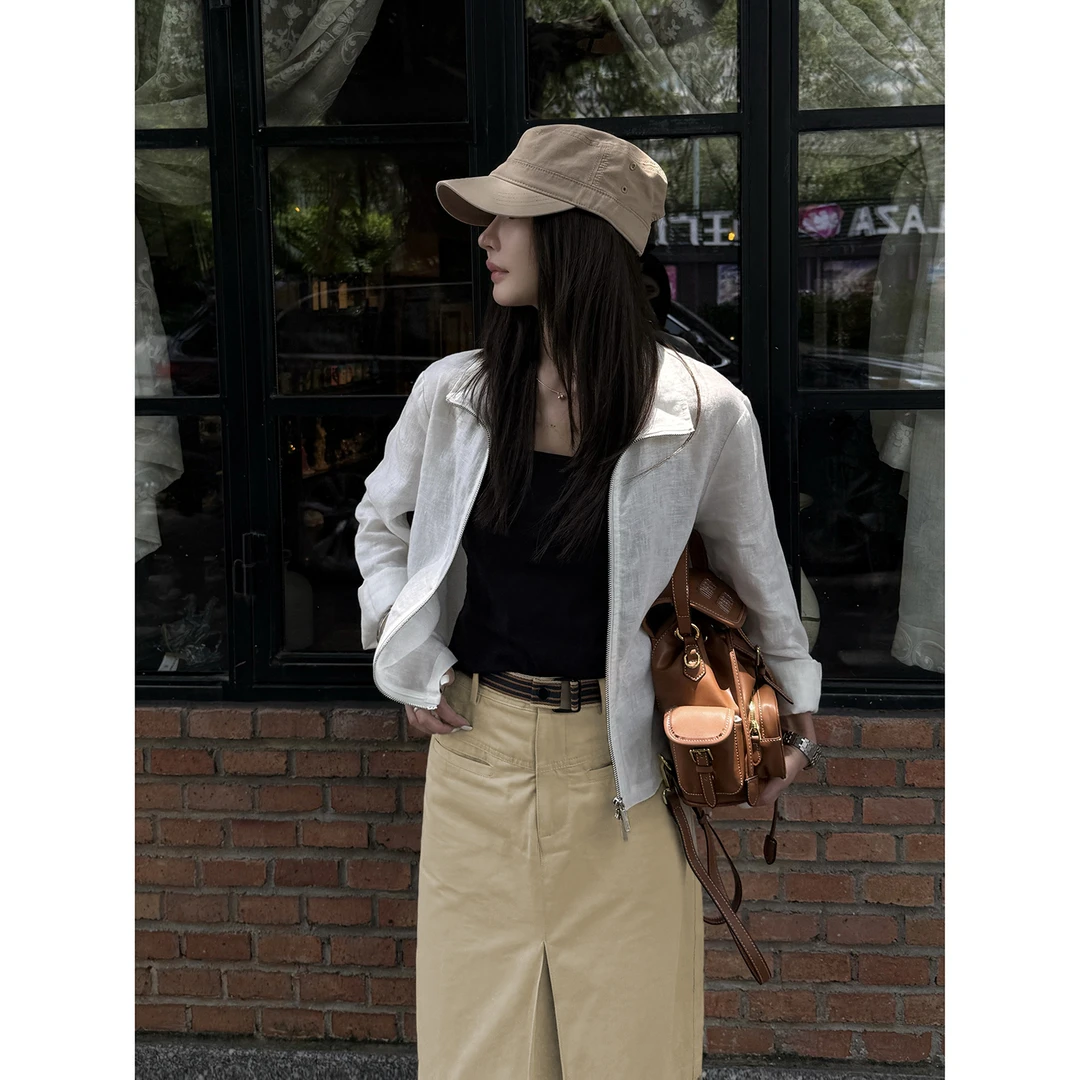 【南风知意】“99%亚麻防嗮衣”老钱白色透气百搭拉链立领外套21490