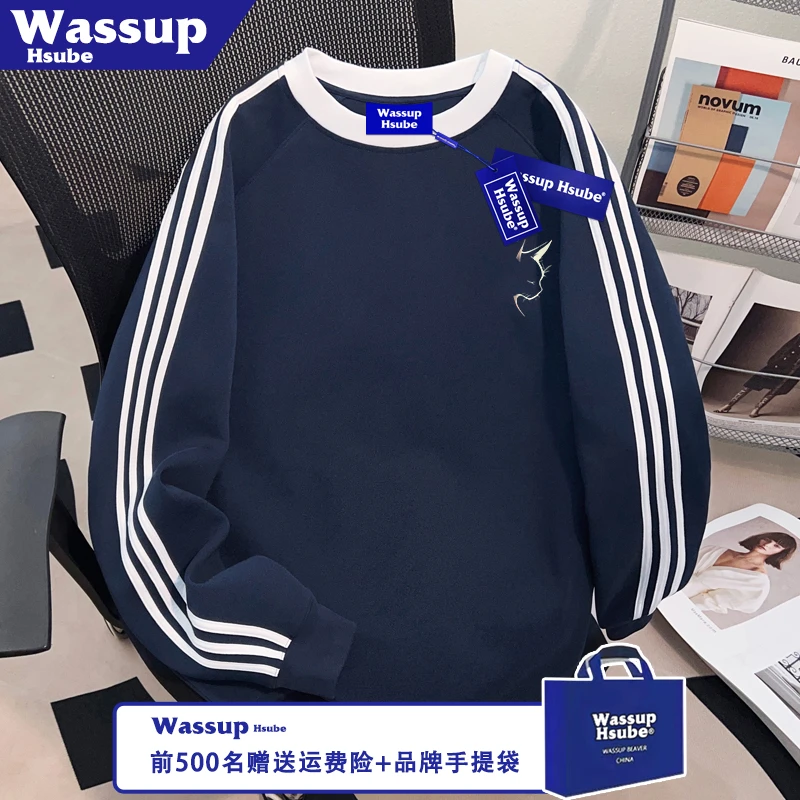 WASSUP HSUBE秋季三条杠长袖优雅线条猫咪印花T恤ins男女新款上衣