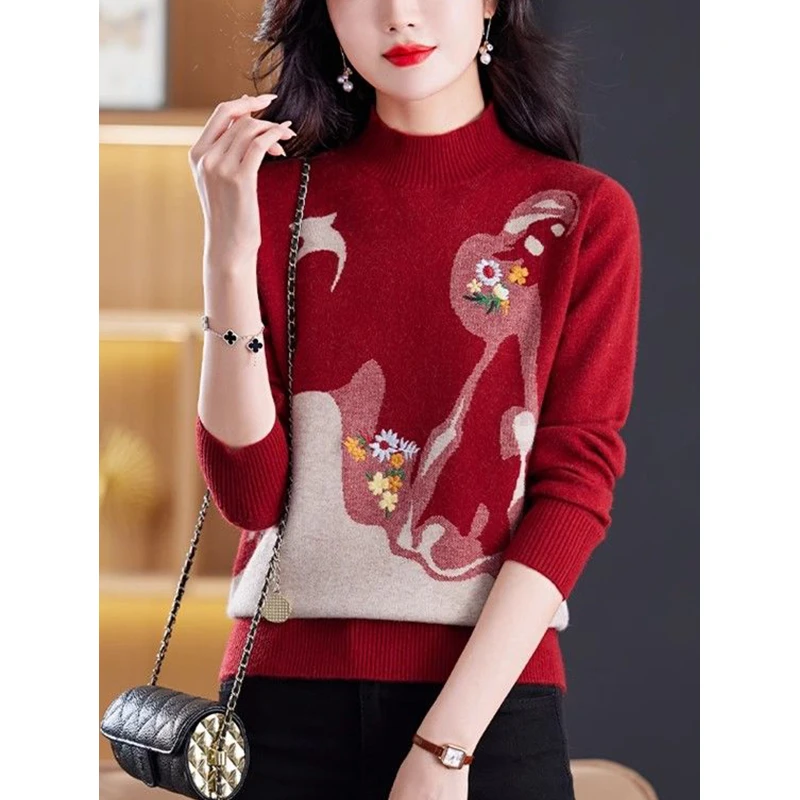 JY#半高领针织加厚毛衣秋冬时尚气质绣花工艺减龄百搭DY11220