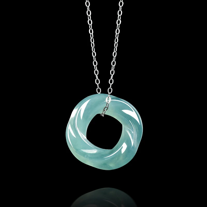 天然a货翡翠蓝水莫比乌斯环吊坠糯冰种玉石挂件男女款四会玉器