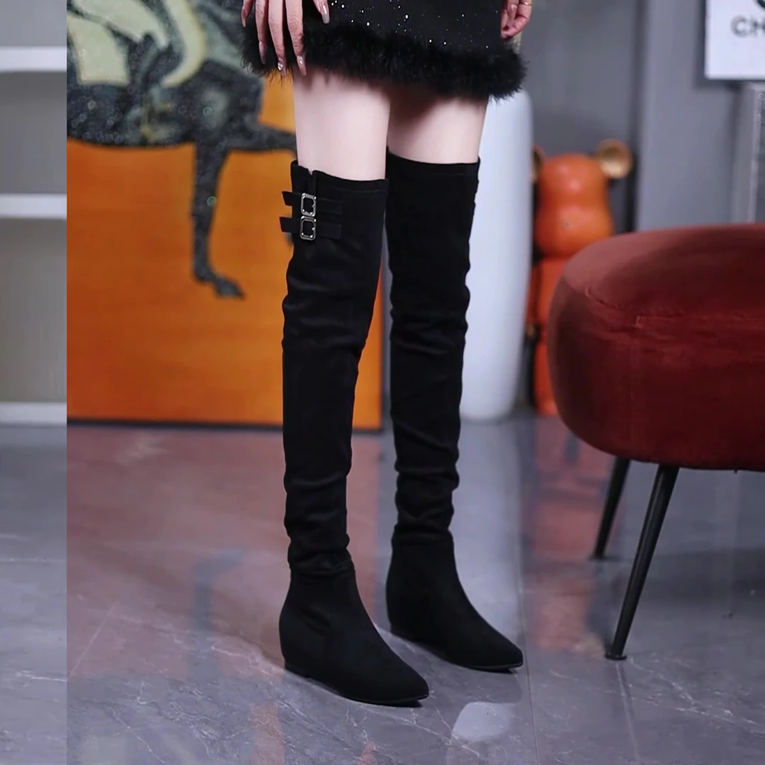 4cm隐形内增高大筒围绒面过膝靴女2025秋冬尖头可调节皮带扣长靴