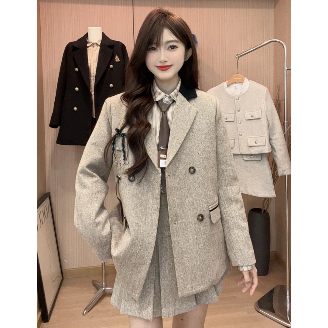 2024新款名媛蝴蝶结撞色领毛呢西装女冬季韩系高级感套装-7024