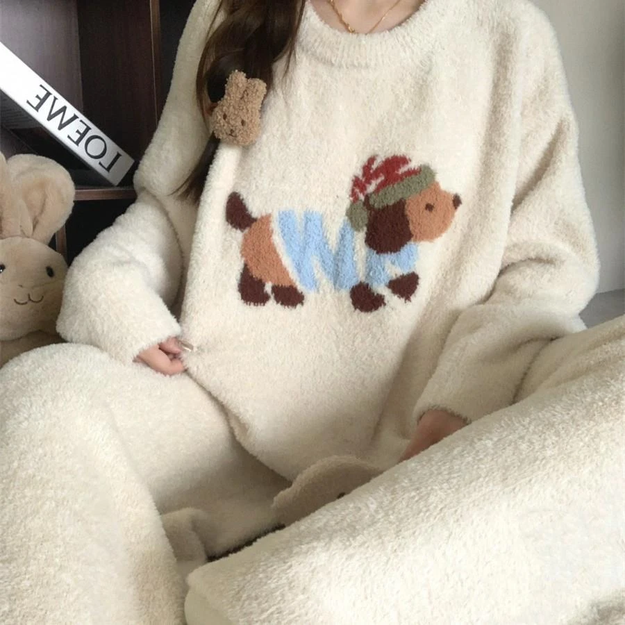 新款卡通腊肠狗半边绒睡衣女冬季珊瑚绒绒长袖长裤保暖加厚家居服