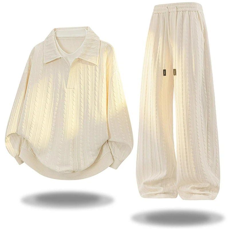 美式假两件翻领卫衣套装男2026春秋季休闲宽松大码百搭提花两件套