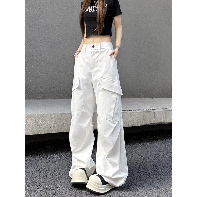 白色夏季褶皱直筒工装裤港风宽松薄款高腰显瘦阔腿男款男生长裤