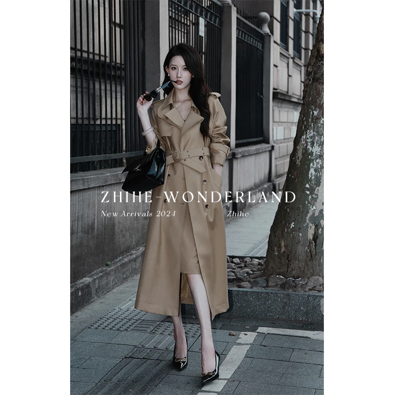 至禾Wonderland【诺曼底1.0】雅致清丽手工花腰带卡其色中长款风衣