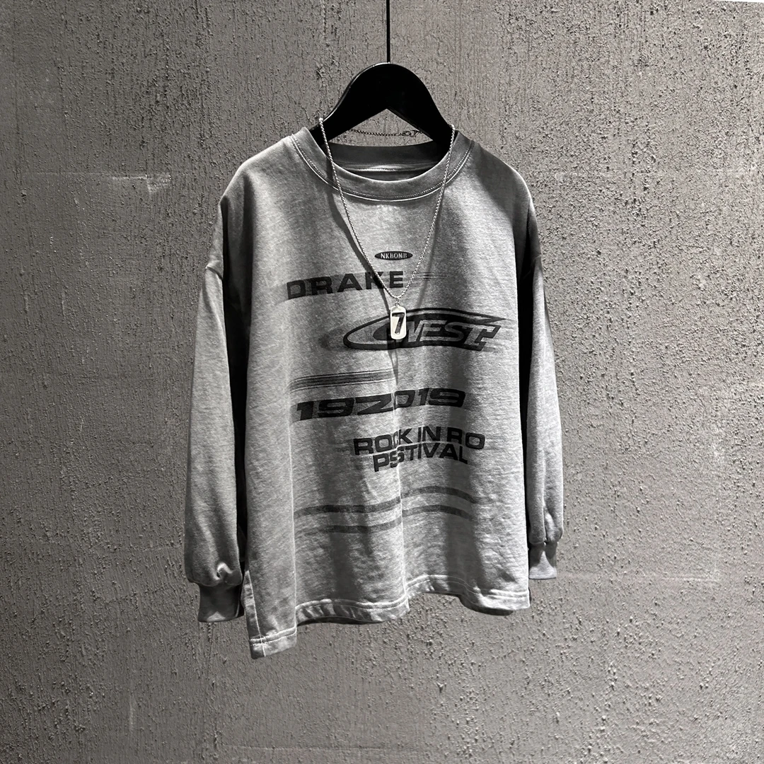 promising韩国新款T恤儿童男女童装长袖高品质棉T恤做旧印花吊染