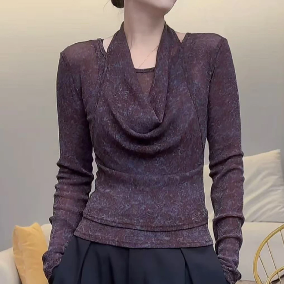 纯欲辣妹风荡领印花挂脖长袖衬衫女2025早秋新款修身显瘦内搭上衣