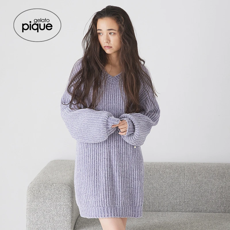 gelato pique24秋冬新品女睡裙编织罗纹纯色V领连衣裙PWNO245346