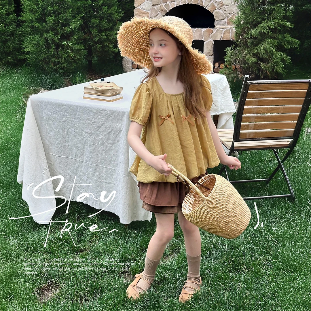 【暮色】蓝小爸童装女童亲子蝴蝶结娃娃衫夏季新款洋气上衣