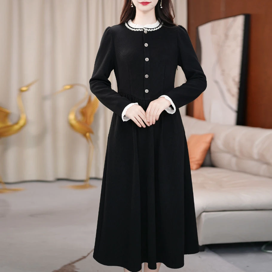 连衣裙春季显瘦气质长袖小黑裙黑色复古法式收腰显瘦气质长袖