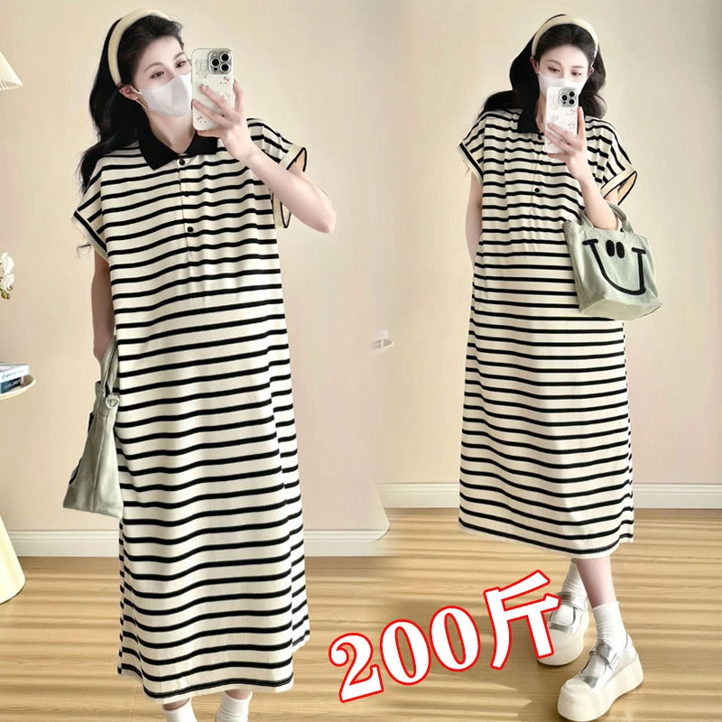 孕妇夏季大码连衣裙中长款遮肚显瘦时尚条纹polo领T恤裙大码200斤