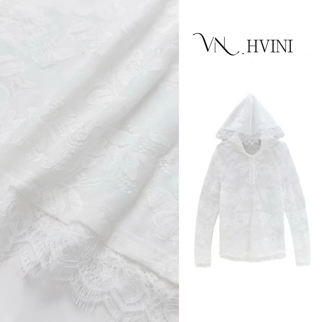 HUANG  VINI【黄微倪】2025早春新款时尚气质蕾丝帽衫上衣H1090