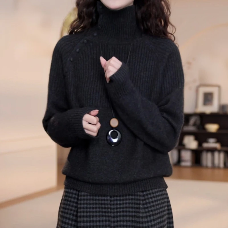 2025冬季新款立领纯色毛衣女韩系宽松显瘦慵懒休闲风百搭长袖上衣