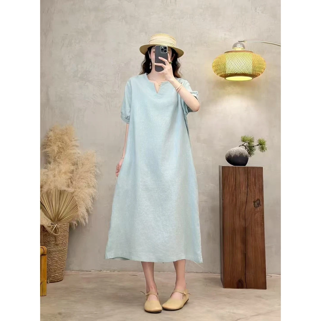 【梵·否】8888夏季纯色新款女裙衬衫领飞机袖轻盈飘逸轻中式连衣裙