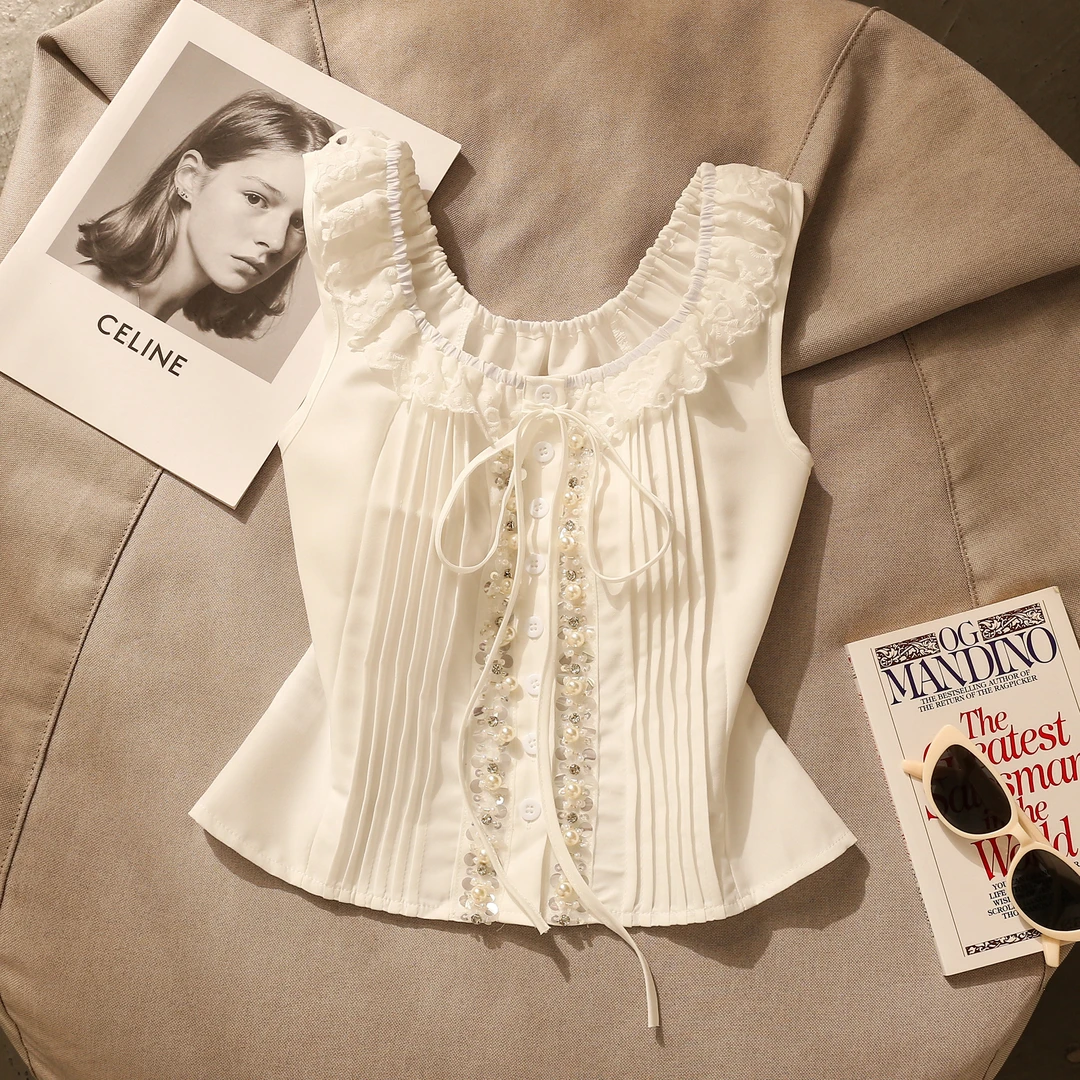 法式钉珠蕾丝边吊带背心女夏季辣妹性感修身显瘦绑带美背无袖上衣