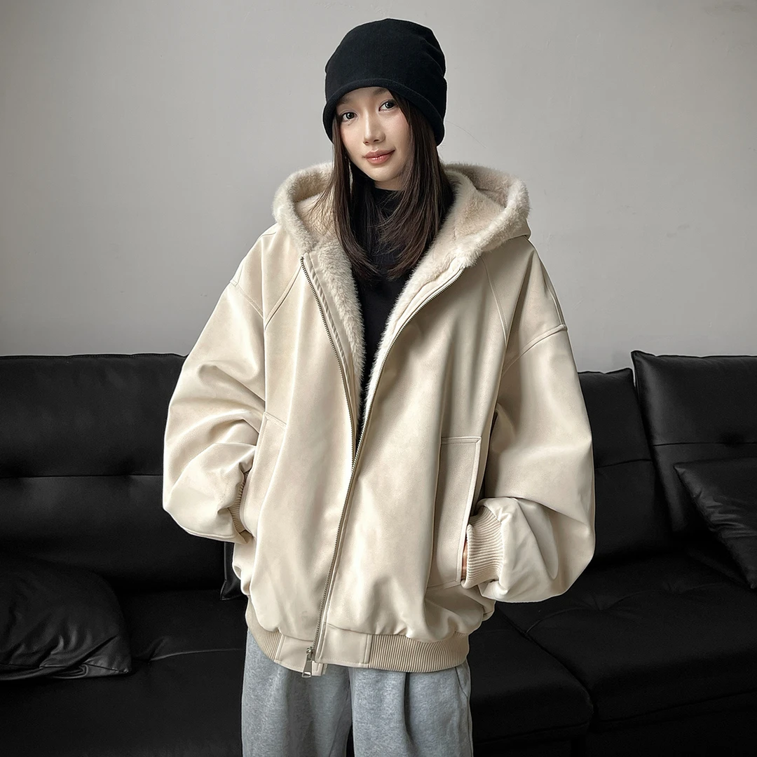 荔枝纹皮连帽座山雕PU皮外套男女冬季加绒加棉外套毛毛领棉衣情侣