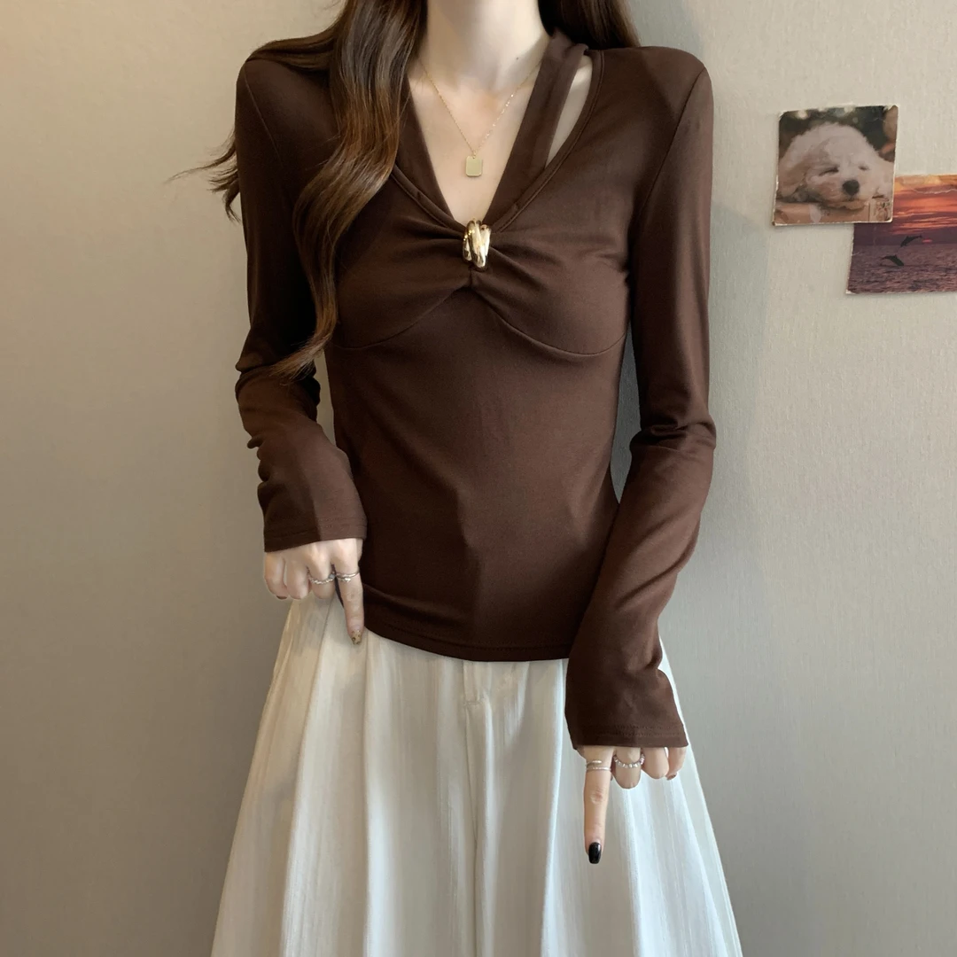 大码胖MM设计感长袖T恤女装2025秋冬新款韩版收腰修身打底衫上衣