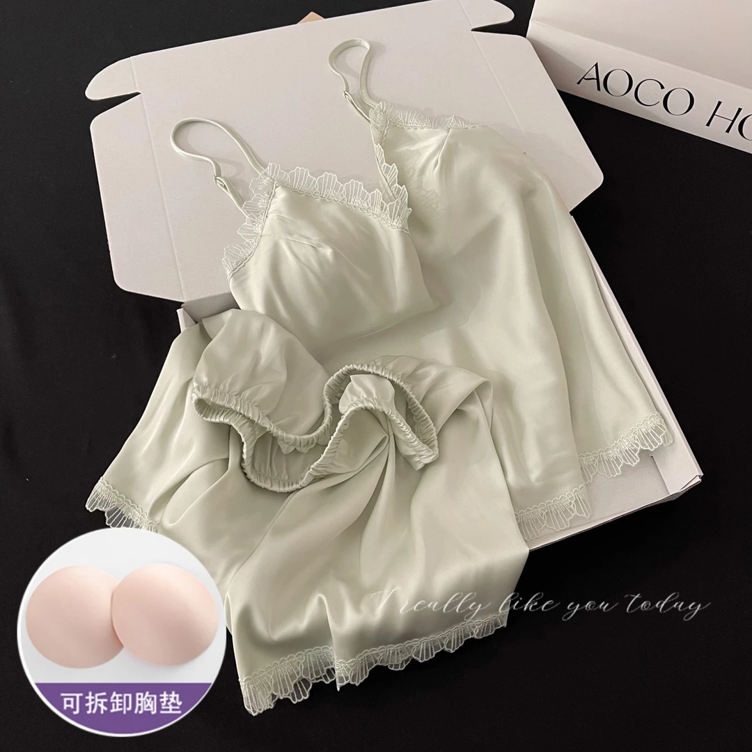吊带睡衣女夏季带胸垫冰丝薄款性感可外穿凉感绿色夏天家居服套装
