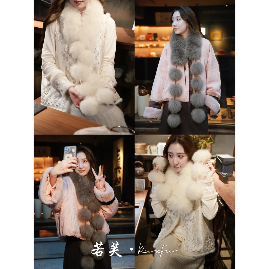 若芙｜【糖葫芦】100狐狸毛皮草围巾女冬季百搭减龄糖葫芦围脖