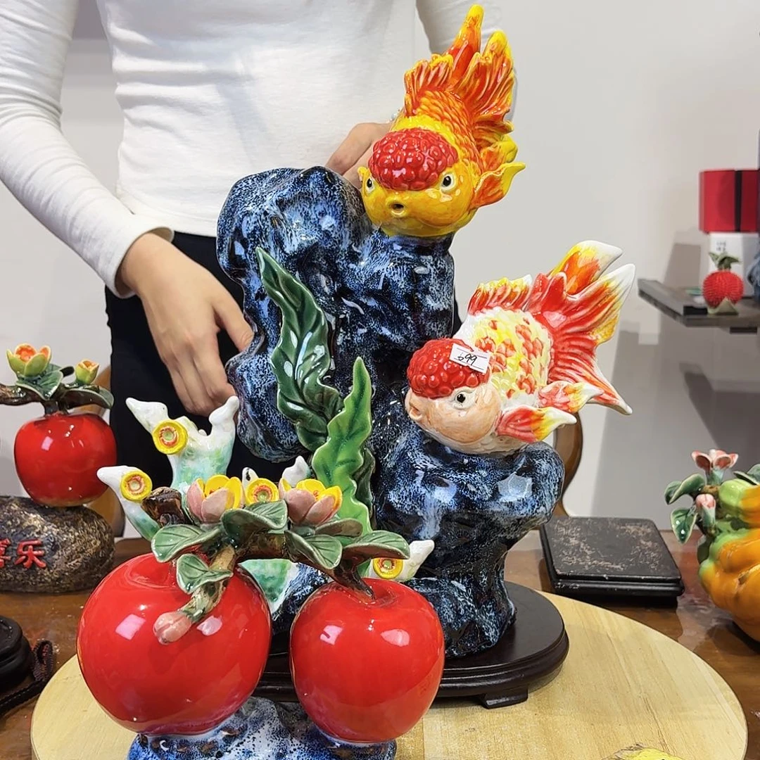 陶瓷甜甜蜜蜜小鱼，双苹果摆件