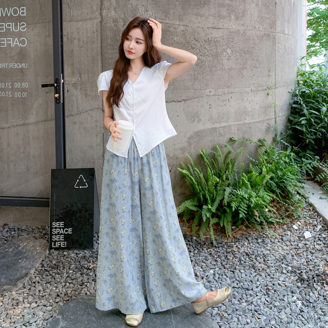 休闲夏季穿搭别致显瘦针织t恤上衣套装女新款印花阔腿裤两件套潮