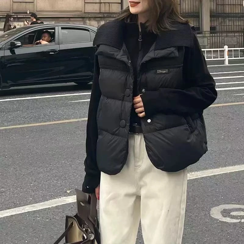 保暖时尚羽绒马甲女秋冬新款保暖翻领外套无袖坎肩开衫马夹上衣