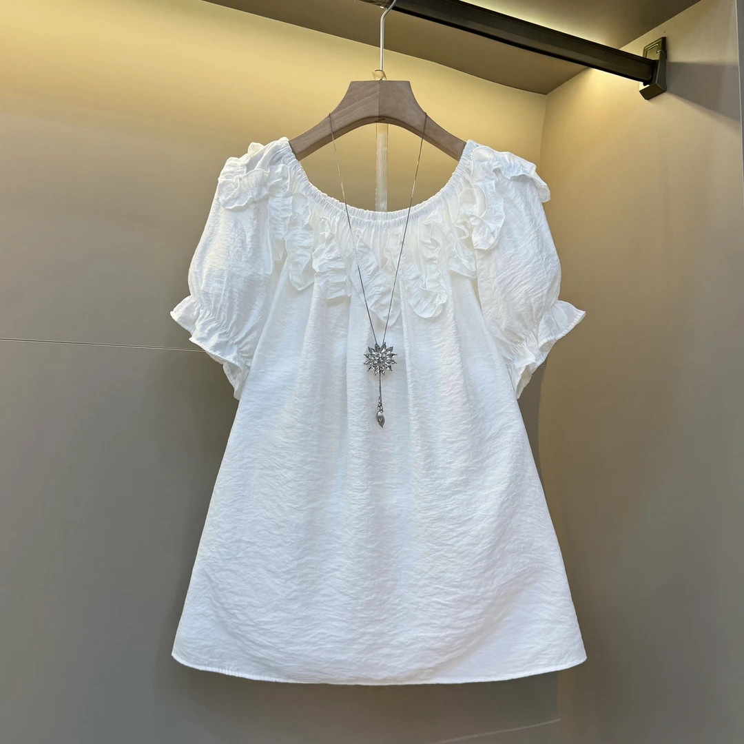 2025夏季欧货韩系波浪边松紧圆领一字肩泡泡袖减龄大码小衫2597
