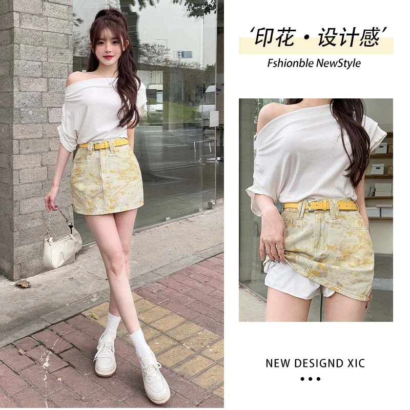 黄碎花牛仔短裙女夏季2025新款辣妹高腰印花防走光A字包臀半身裙