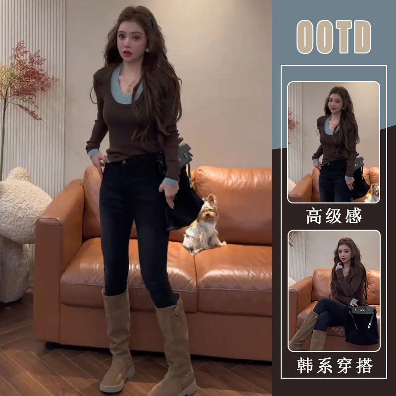 别致轻熟风u领假两件针织上衣女秋季时髦新款修身牛仔裤两件套潮