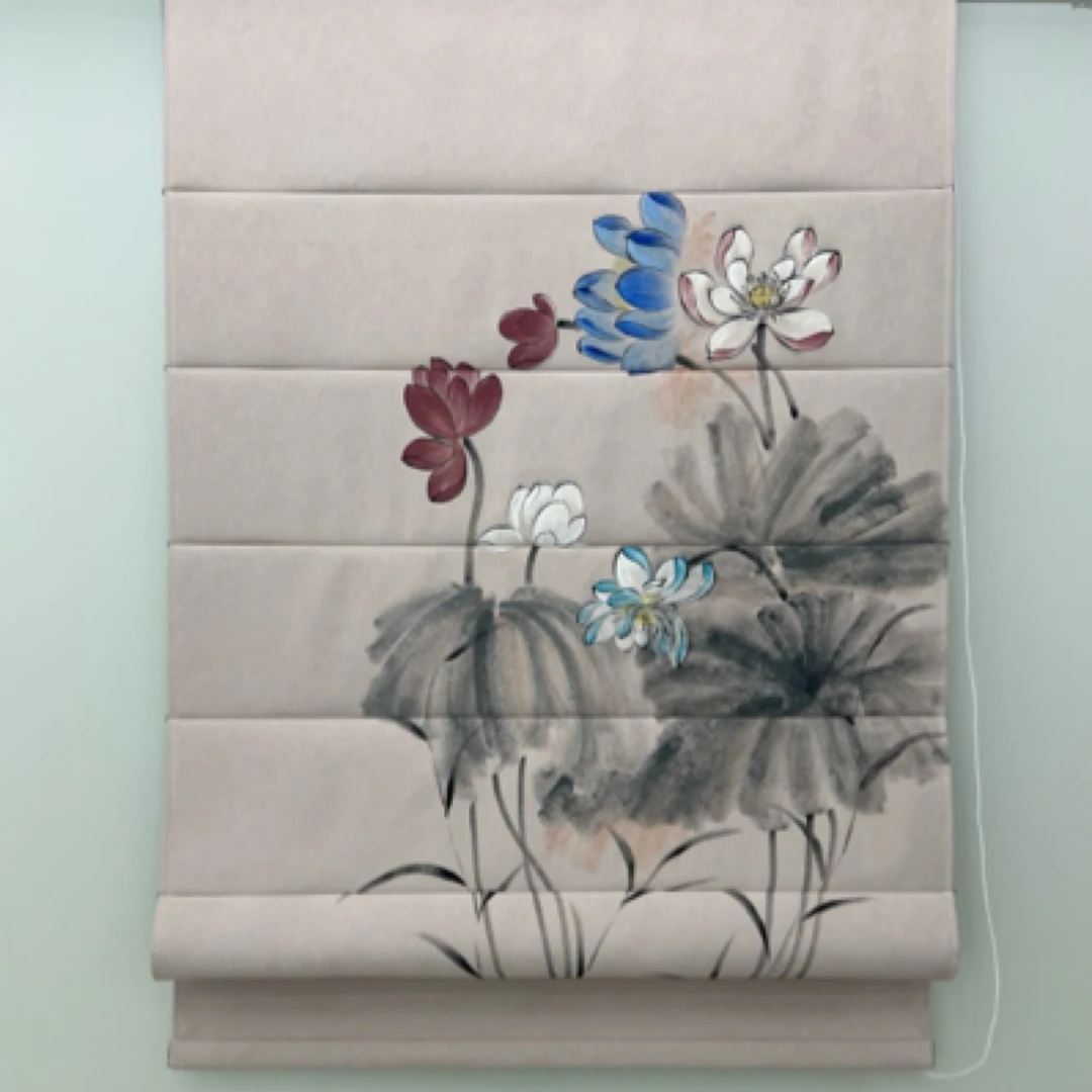 复古手绘雪尼尔全遮光罗马帘升降定制窗帘