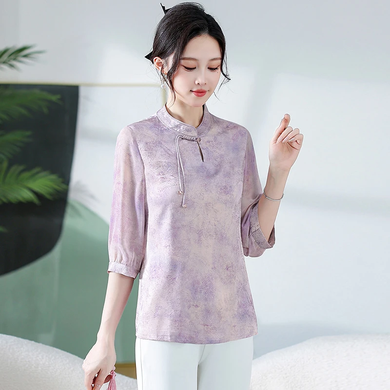 中年妈妈女装雪纺衫2025夏新款国风中袖上衣时尚洋气高贵妈妈装