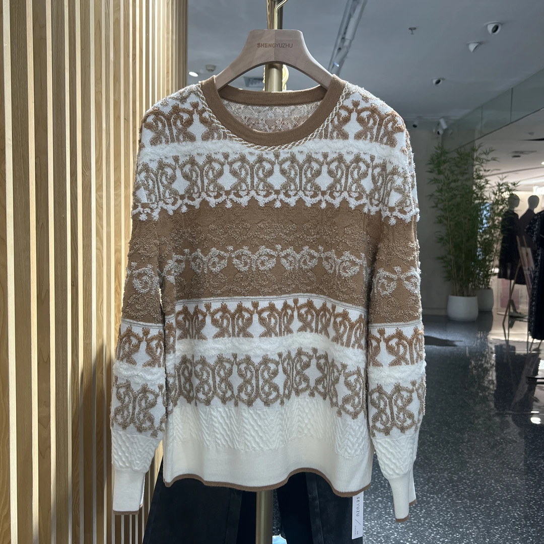 声雨竹7R713秋冬季时尚撞色圆领套头针织毛衣时髦小姨风休闲宽松