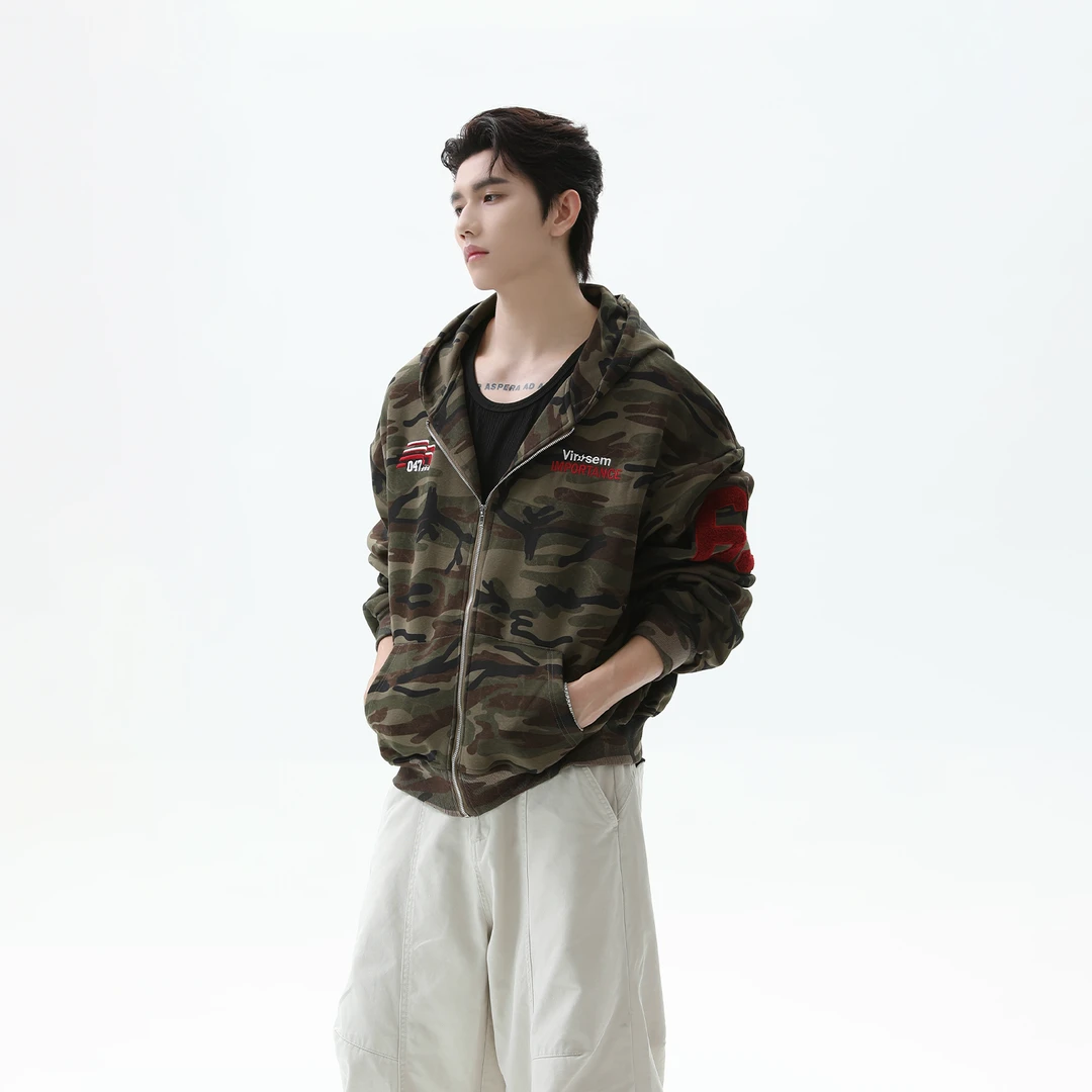 TURNTIDE 美式复古迷彩字母刺绣连帽卫衣夹克秋季外套宽松百搭男