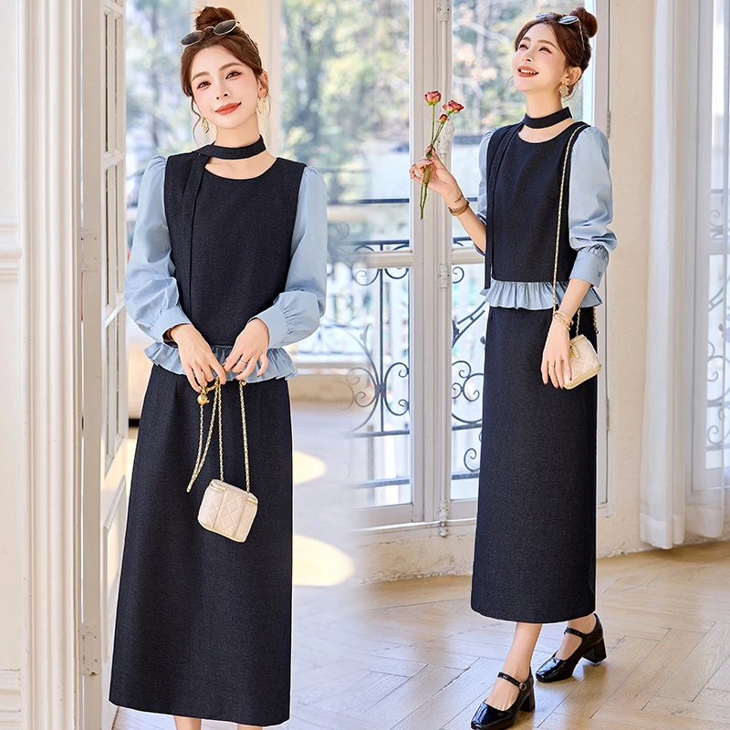 2025春季新款气质减龄新款显瘦女装长袖假两件衬衫中长半身裙套装