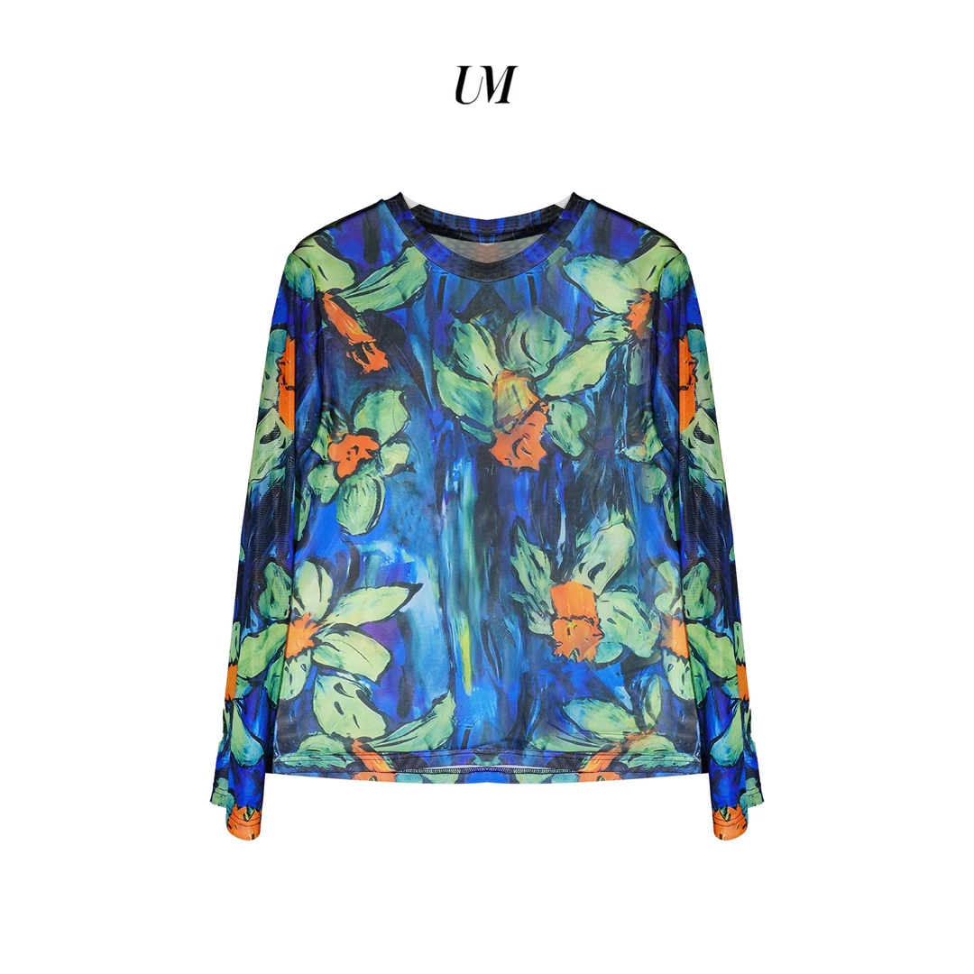 【U.M】欧若假日网纱高弹长袖显瘦T恤