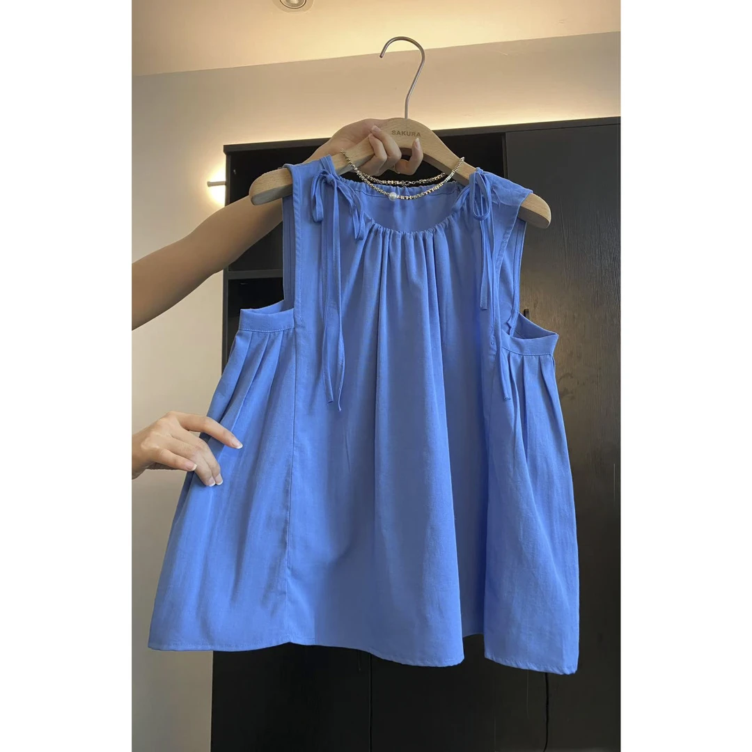 璎婲sᴀᴋᴜʀᴀ【果冻海边】岚韩版气质纯色圆领抽绳绑带无袖背心衬衫