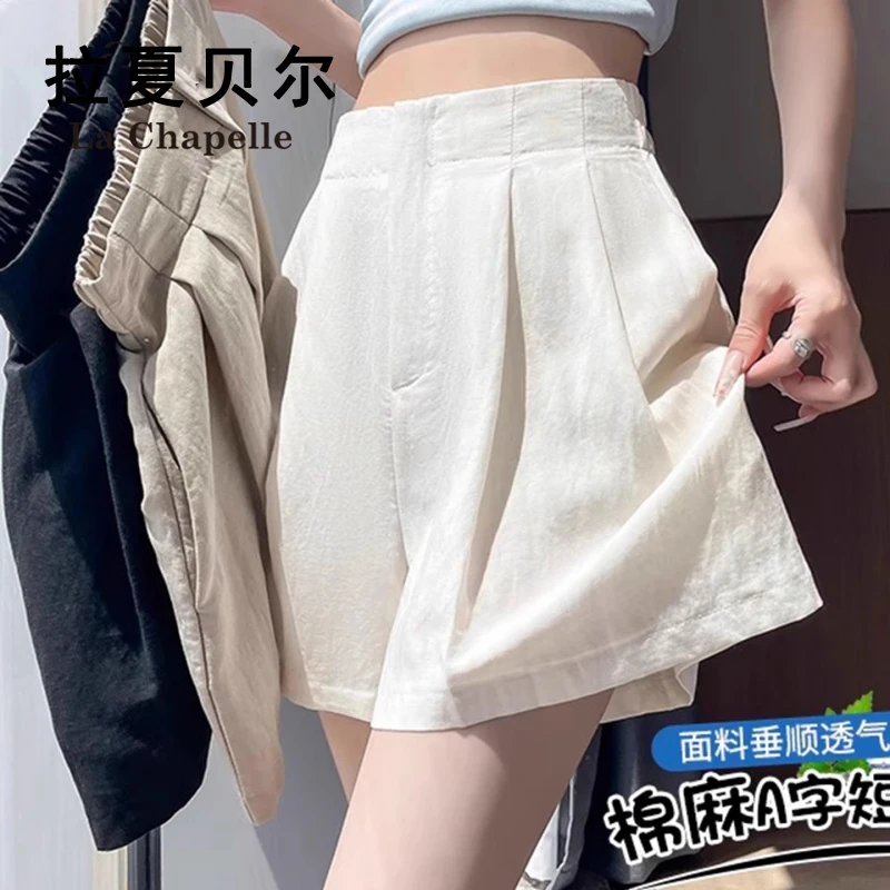 拉夏贝尔白色棉麻短裤女夏季薄款外穿高腰a字小个子亚麻阔腿裤子