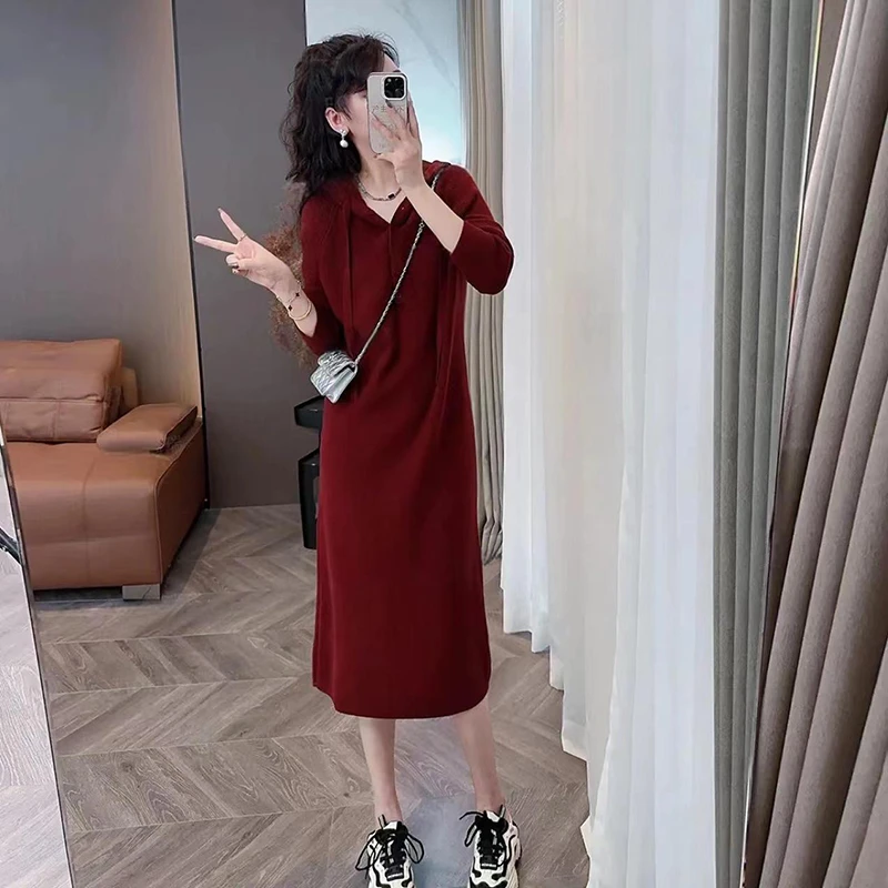 连帽中长裙减龄套头纯色网红洋气秋冬常规百搭连衣裙
