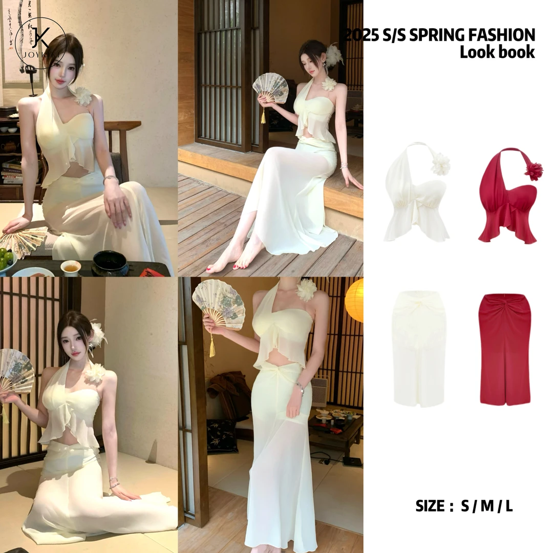 JOY KIKI金金【假日氛围】原创海边度假挂脖上衣半裙套装J25A439