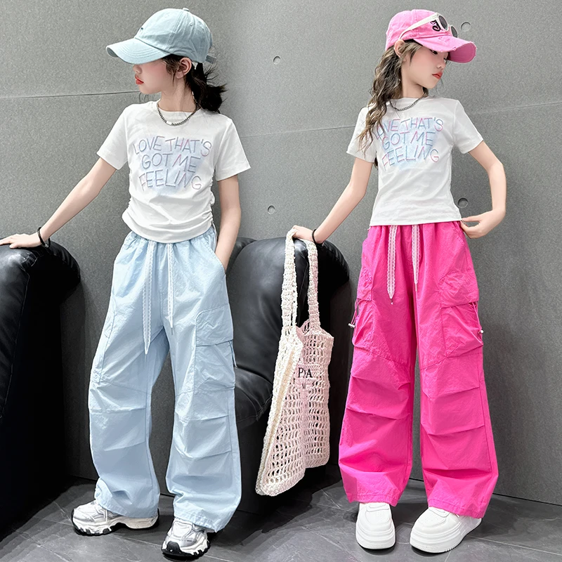 女童夏季套装潮流工装裤阔腿长裤夏季3-15岁女大童短袖上衣两件套