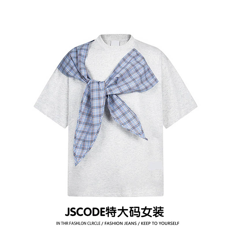 300斤特大码女装格纹绑带设计感圆领上衣女胖mm学院风减龄短袖T恤