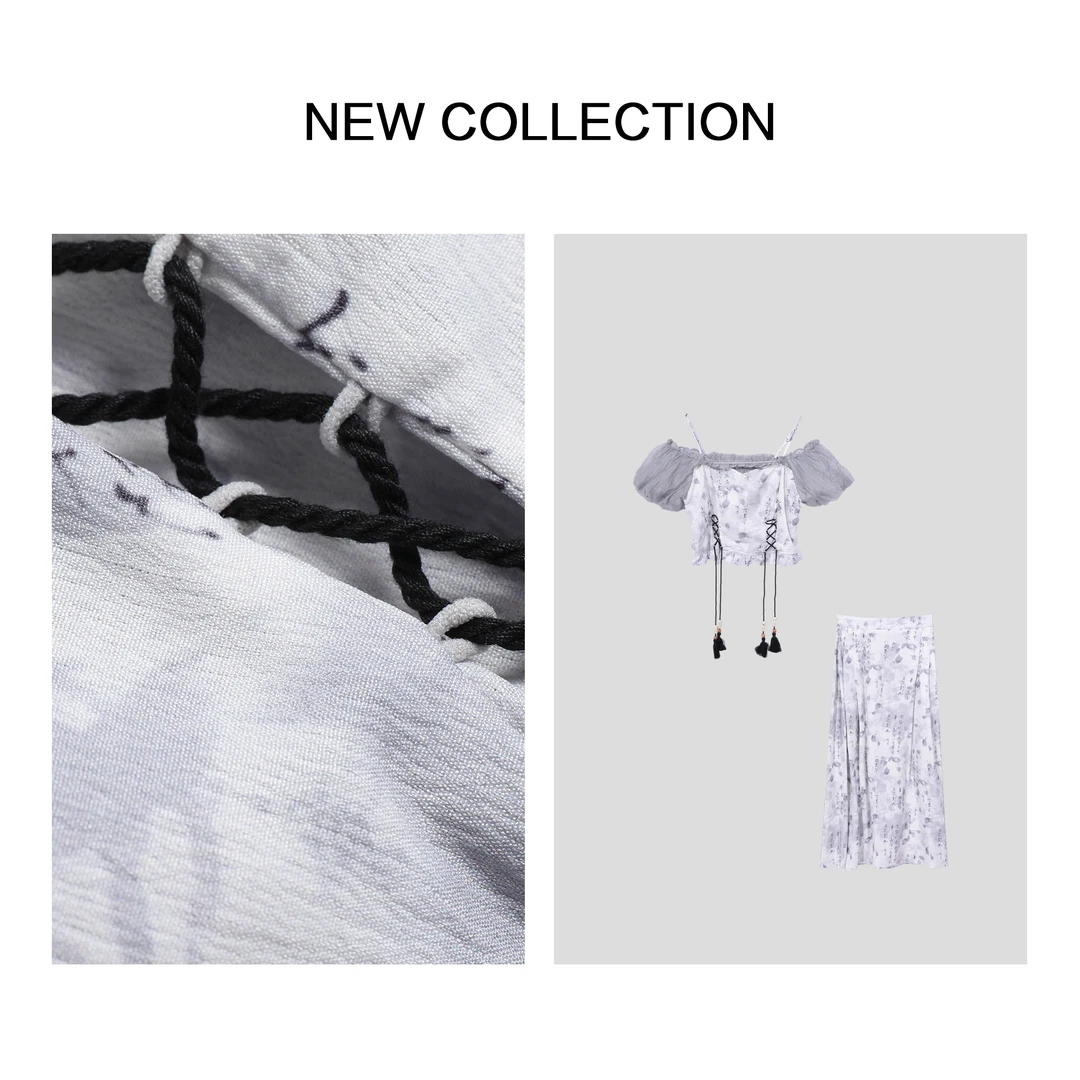 《粉丝专属》D3F28073 露肩上衣+高腰长裙 仙气飘逸两件套