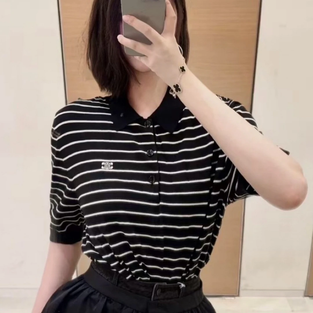 99新 Celine/思琳 黑白条纹polo衫 M码 02936
