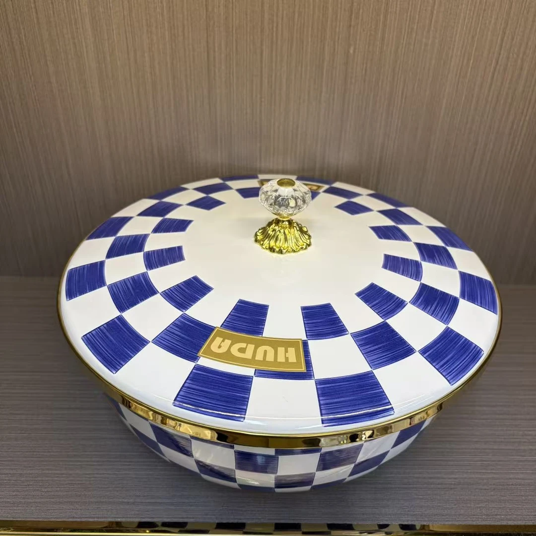 29cm蓝白格珐琅搪瓷和面盆多功能沙拉盆搅拌盆炖锅电磁炉燃气通用