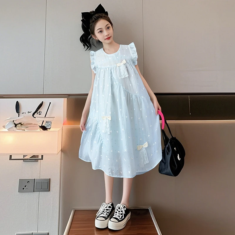 女童夏季甜美公主裙2025新款中大童韩版飞袖洋气背心裙中长连衣裙