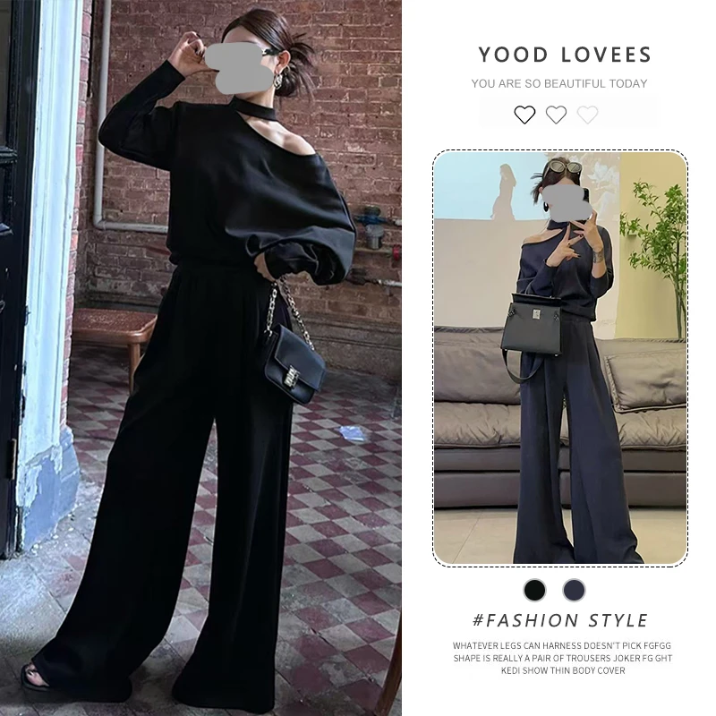 2025春秋新款韩版简约显瘦斜肩长袖上衣高腰阔腿裤休闲两件套潮