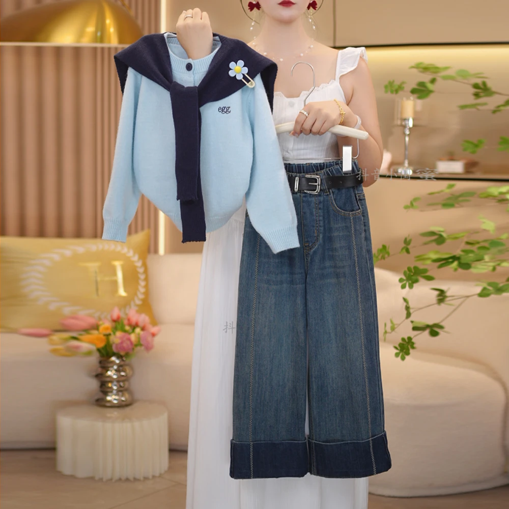 【闺蜜家】女童秋季2025新款时尚针织毛衣开衫外套+牛仔裤套装-8660